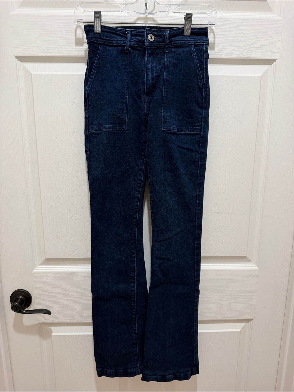 Morrison High-Rise Dark Blue Trucker Utility Straight Leg Slight Flare Jeans 24